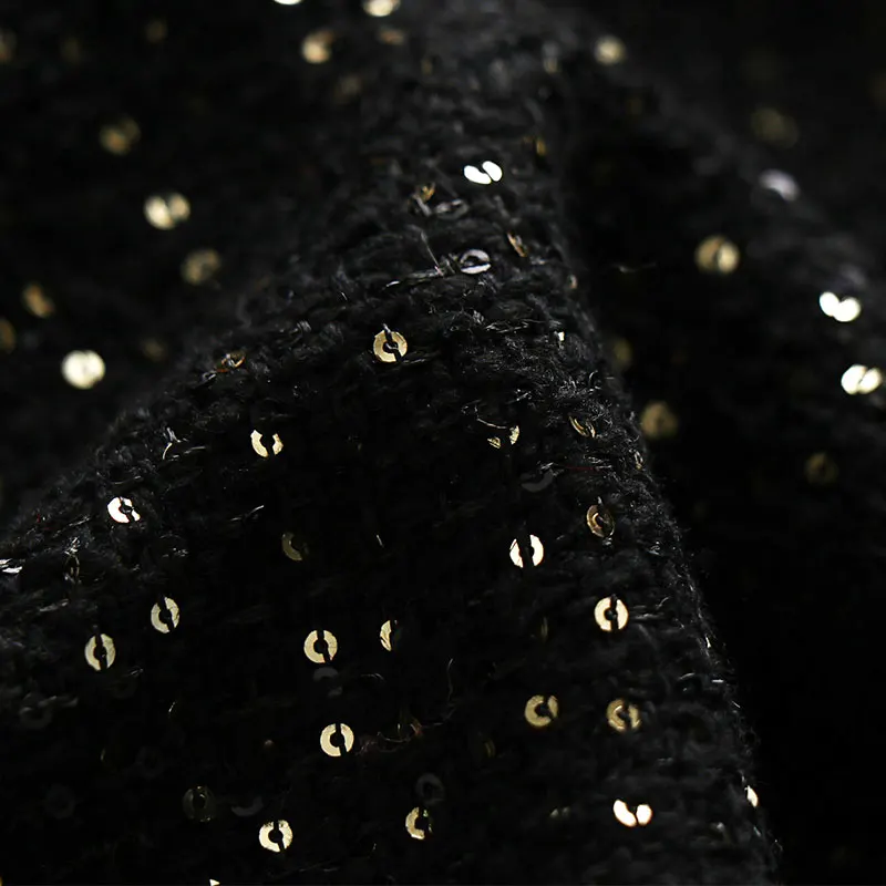 

Black Tweed Fabric Small Sequins Embellished Wool Woven Coat Coat Waistcoat Dress Fabric