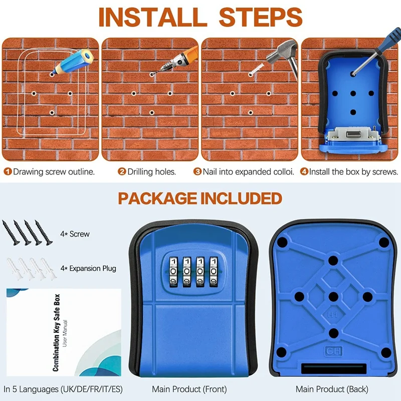 Wall Mounted Mini Key Safe Box, Outdoor Key Box, Resettable 4-Digit Number Code, Waterproof Key Box