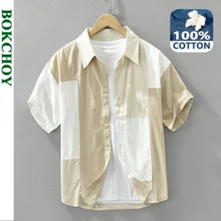 2024 Summer New Pure Cotton Patchwork Short Sleeve Shirts Men Clothing Casual Thin Soft Streetwear CM8039