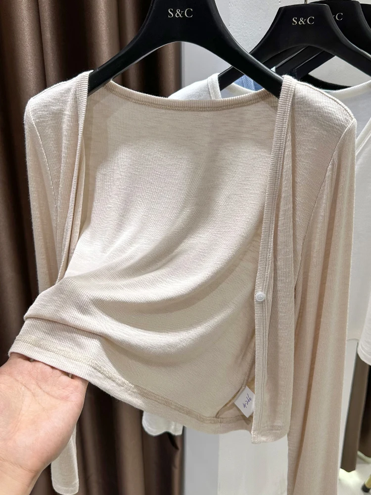 

Вязаный кардиган с защитой от солнца для женщин, летняя тонкая накидка на плечи, верхняя одежда с юбкой-слинг, создающая ощущение роскоши и легкости...