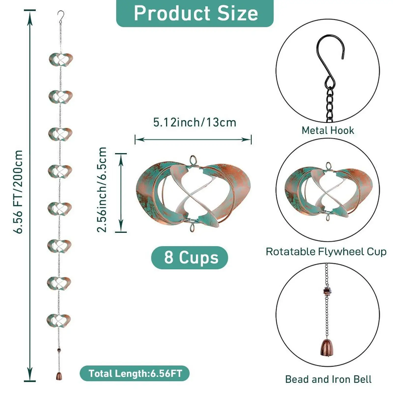 Rain Chain Catcher Eaves Drainage 200 cm Length Decor Replace for Gutter Downspouts Roofs Porch Lawn Yard