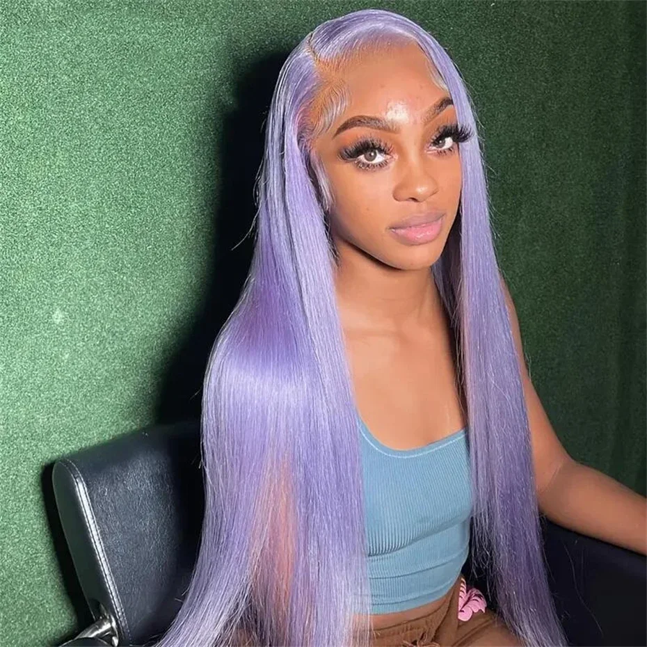 

Brazilian Colored Human Hair Wig 200 Density Light Purple Long Straight Transparent Lace Frontal Wig Pre Plucked For Women
