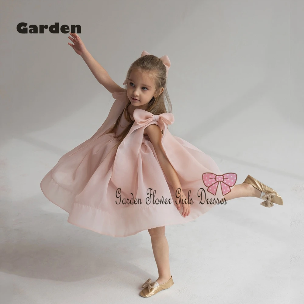 Pink Flower Girls Dresses with Organza Sleeveless Knee Length Christmas Dresses for Kids 2025 Summer Zipper فستان عيد الميلاد