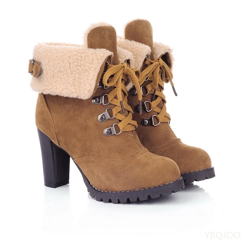 الشتاء موضة جديدة قصيرة أنبوب الأحذية النسائية الدافئة مع الكعب العالي كعب سميك الدانتيل يصل منصة مقاومة للماء أحذية نسائية قصيرة