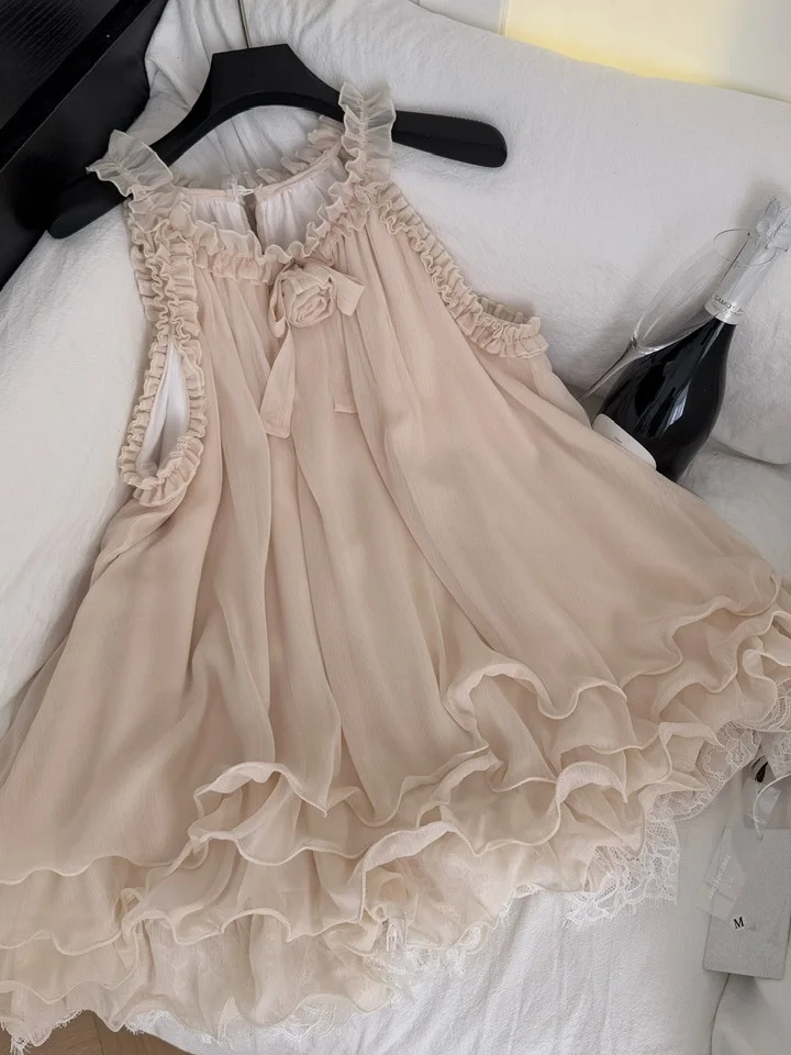 Vestido f com enfeites florais, ombro de fora, verão, camadas de tule, floco de neve, estilo coreano, cintura alta, ve...