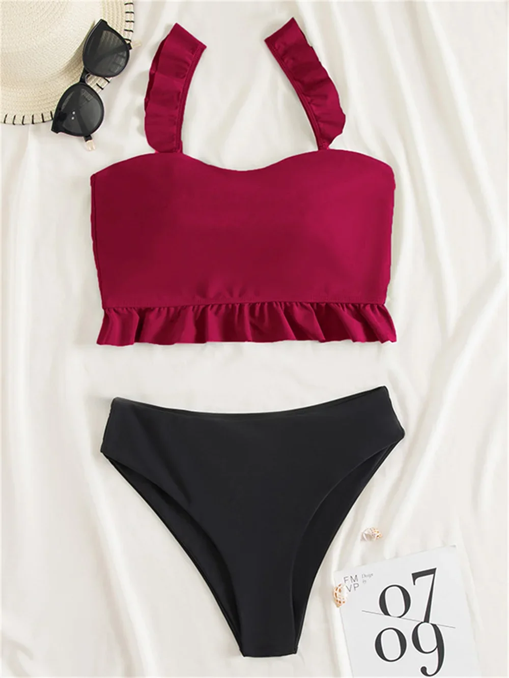 Sexy Ruffled Tankini Drawstring Back Bikini Bandeau Swimsuit Push Up Swimwears Thongs Women High Waist Beach Outfit Bathing Suit