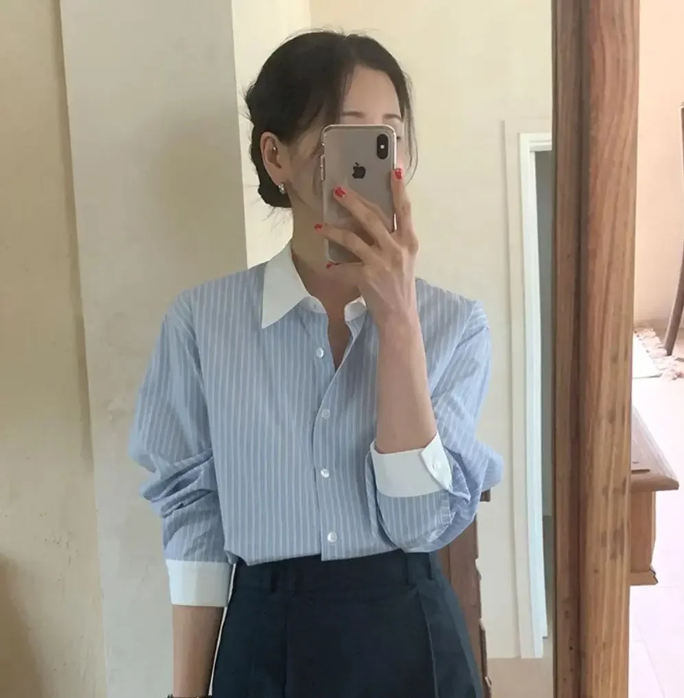 Korean Chic Temperament Striped Women Shirt Tops Casual Streetwear Spring Autumn Long Sleeve Lapel Single-breasted Loose Blouses