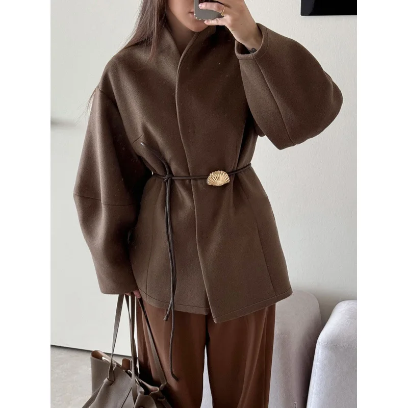 New High-end Brown Waisted Woolen Jacket for Women, Design, Temperament, Fashionable Ins Style 2026 Cross-border