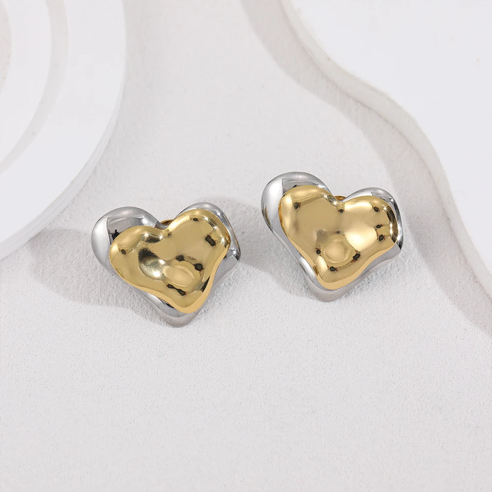 2025 Exaggerated Two Color Heart Earrings Trend Prom Accessories Geometric Double Layer Stainless Steel Stud Earrings for Women