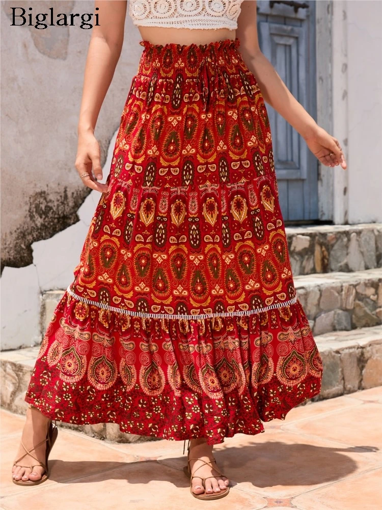 

Summer Long Skirt Women Floral Print Fashion Elastic High Waist Ladies Skirts Casual Loose Ruffle Pleated Woman A-Line Skirt