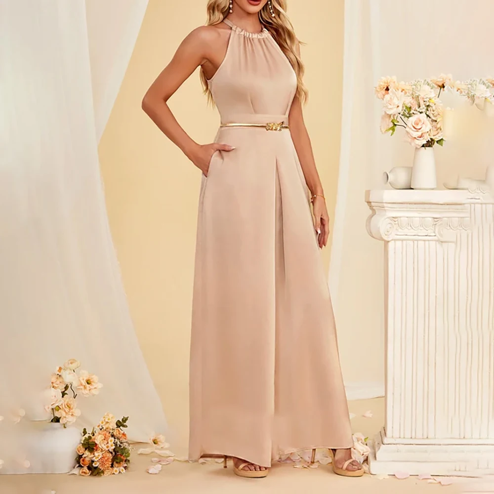 

Women's Prom Party Evening Dress Halter Neck Wide Leg Pantsuit Sleeveless Belted Ankle-Length Formal Cocktail Party Gowns