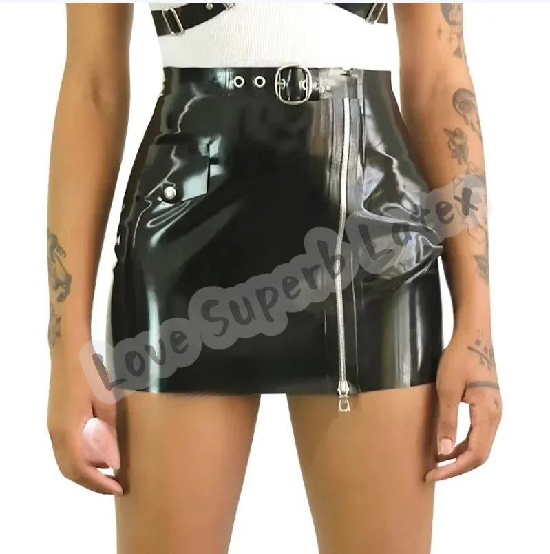 黒のセクシーなミニラテックススカート膝上フロントベルトジッパーポケットフラップゴムボトムス