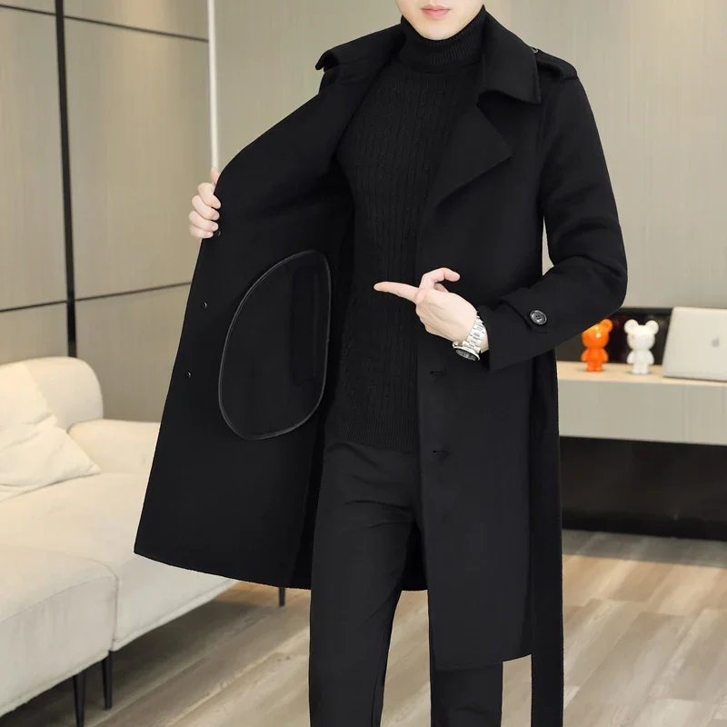 

Autumn/Winter 2025 Fashion Wool/Polyester Blend Men's Double-Sided Tweed Coat 70% Wool Cashmere-Lace up Mid-Length Trench Coat