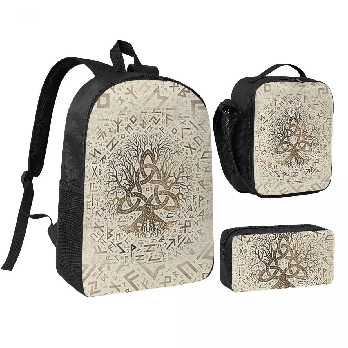 

Tree Of Life With Triquetra On Futhark Backpack Student BookBag School Bag Shoulder Bags 3ps Insulated Lunch Bag Pencil Case