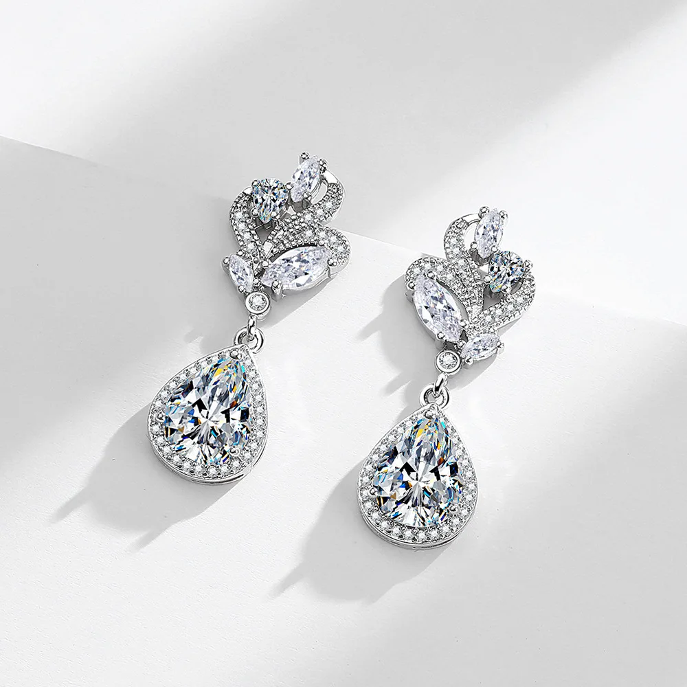 

Geometric Water Drop Iris Bright Zircon 925 Sterling Silver Ladies Elegant Unique Design Stud Earrings