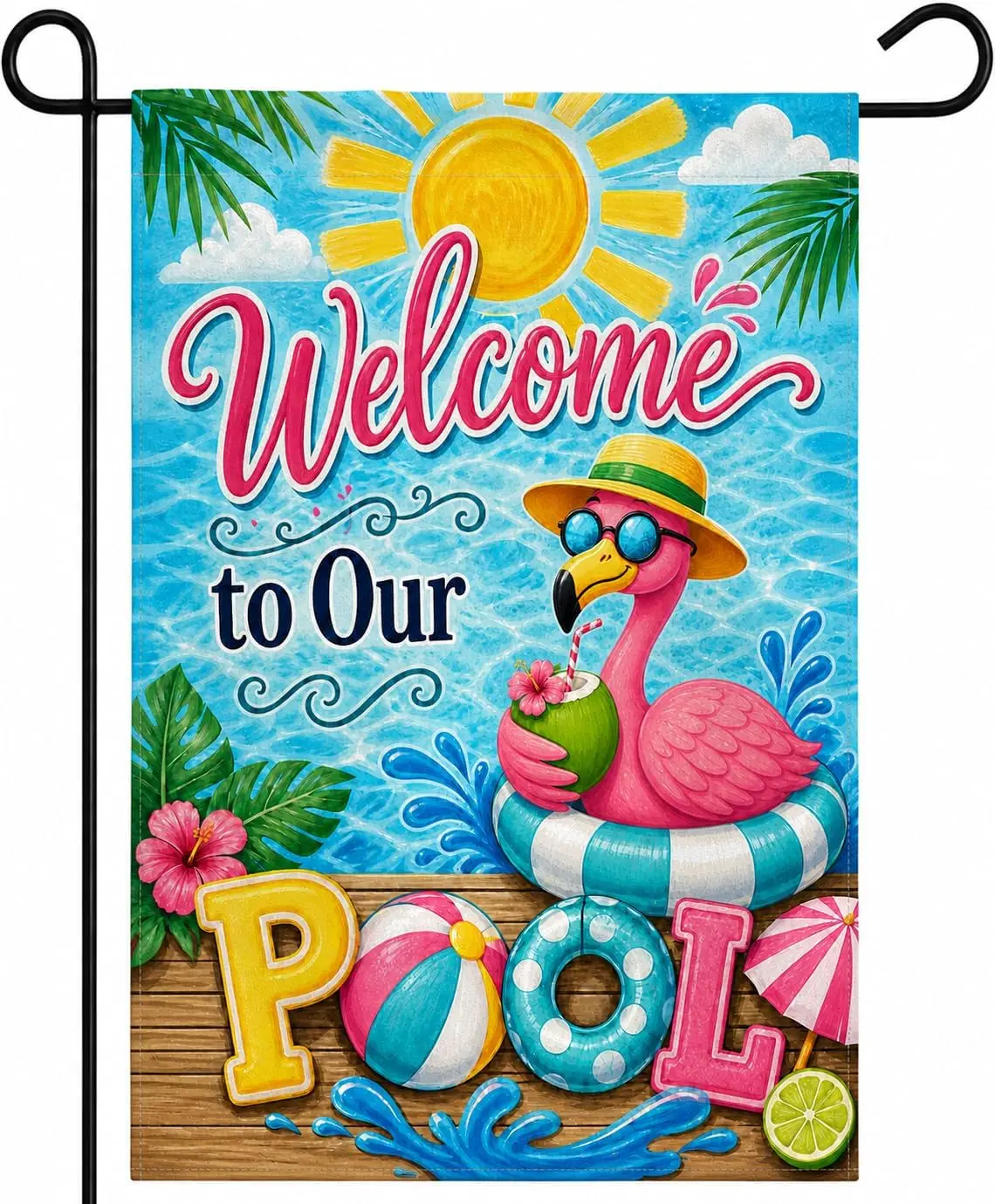 Summer POOL Garden Flag 12x18 Inch, Flamingo Welcome to Our Pool Small Garden Flag, Summer Flamingo Double Sided Burlap Yard kkz