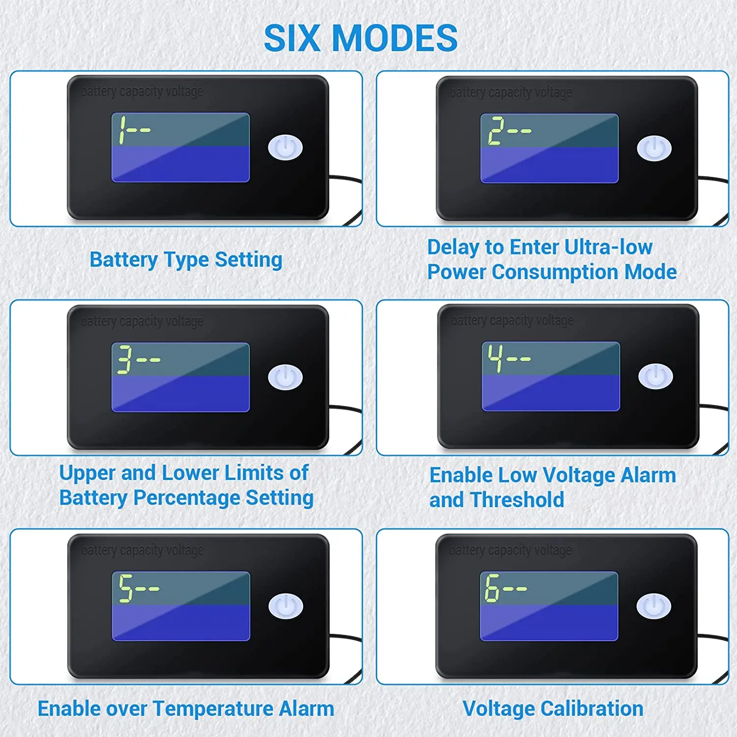 Battery Capacity Monitor 12V 24V 36V 48V 60V 72V Battery Meter with Temperature Sensor Buzzer Alarm Battery Voltage Temperature