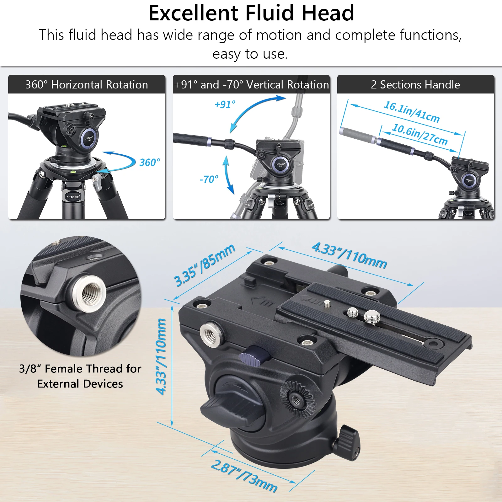 ARTCISE MS80 Heavy Duty Video Tripod Aluminium Alloy Panorama Head 3Section Payload 10kg for DSLR Camera Camcorder
