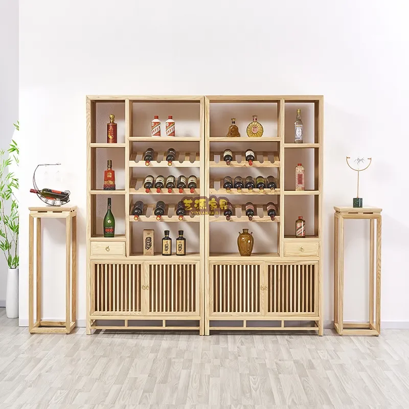 Modern Ash Wood Wine Cabinet Solid Wood Wall Mounted Storage Rack with Glass Holder Simple Partition Shelf for Home Bar Decor