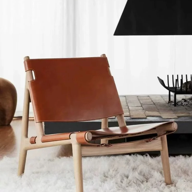 Nordic retro saddle leather hunter chair solid wood living room leisure chair single wabi sabi sofa chair designer furniture