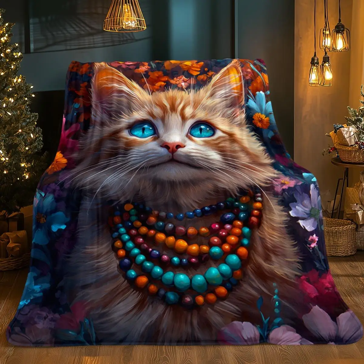 Cat wearing a bead necklace pattern Flannel printed blanket suitable for all seasons suitable living room office sofa and travel