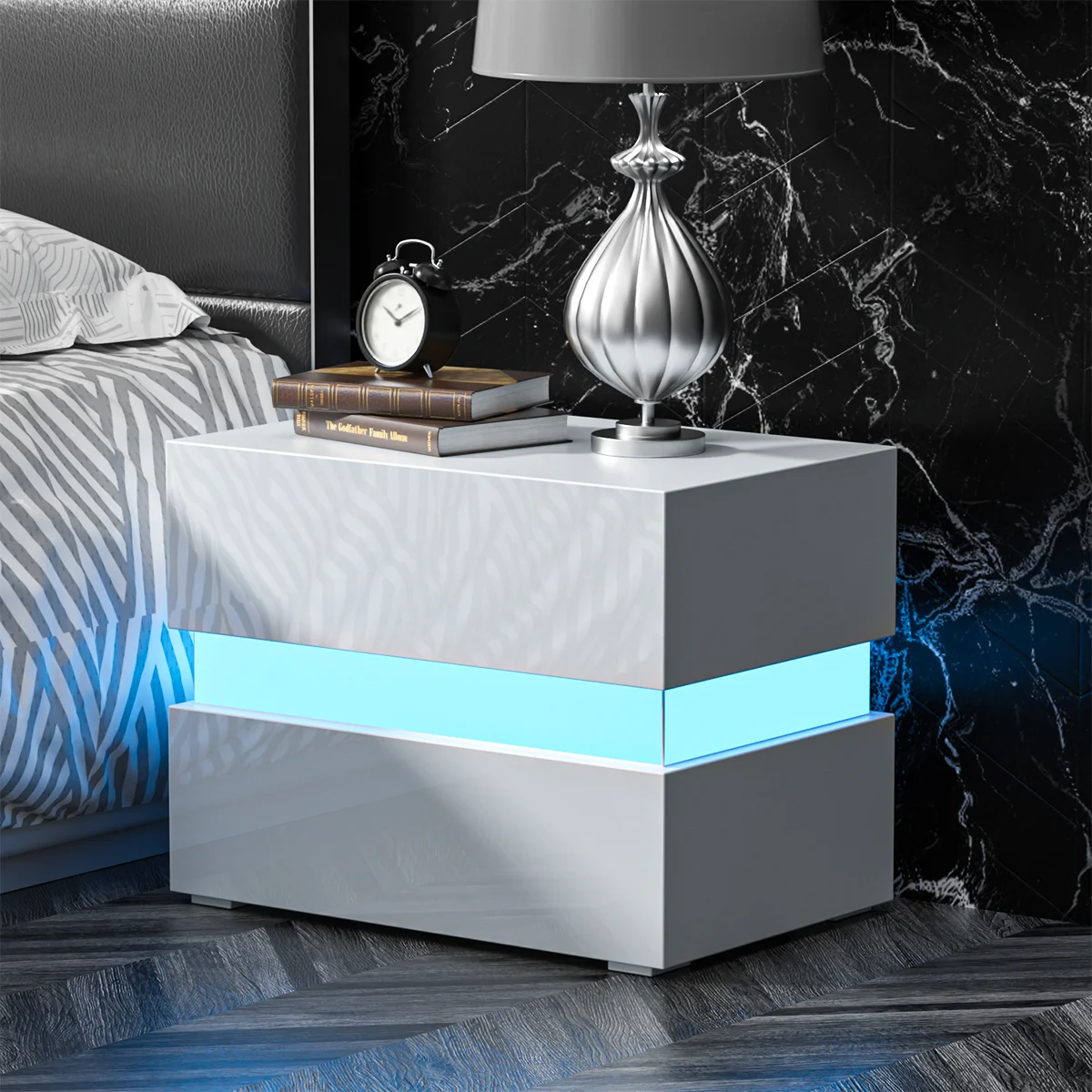 Modern Luxury LED Light Nightstand w/2 Drawers Organizer Storage Cabinet Bedside Table Bedroom Furniture for Night 20 Colors