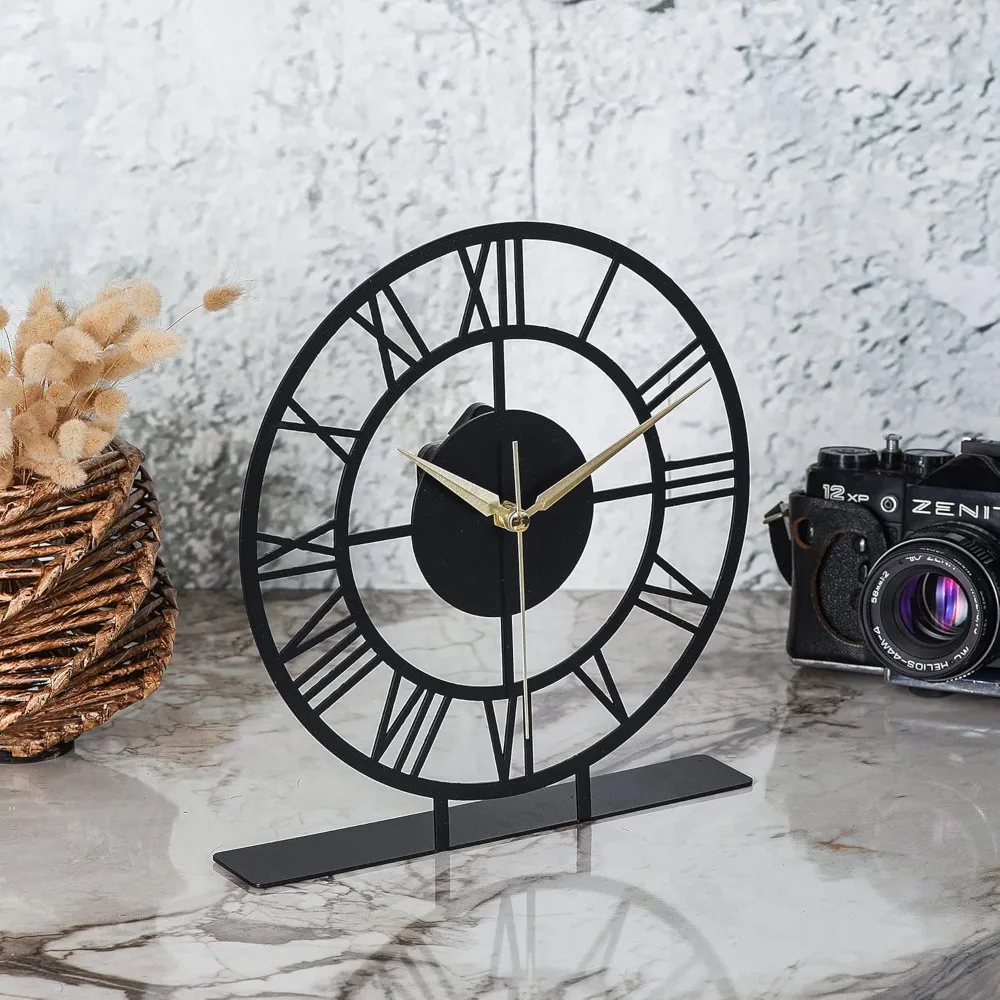 

8.9x9.5 Metal Desk Clock, Black Round Silent Non-Ticking Analog Table Clock, Battery Operated, Decorative Desk and Shelf Clock