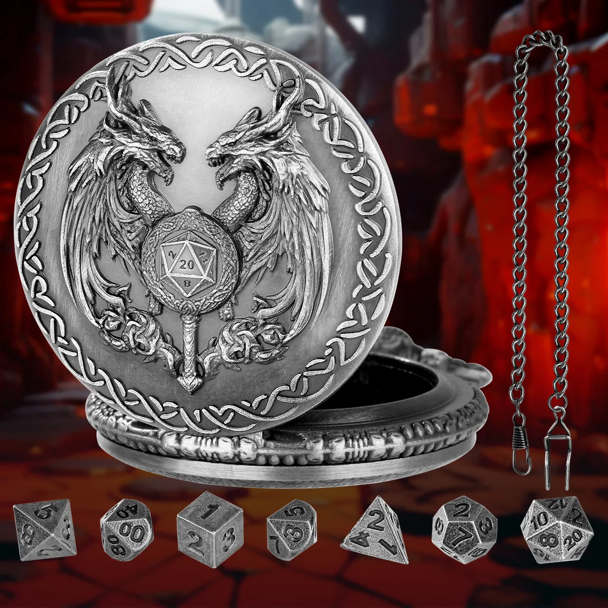 DND Dice Set, 7pcs Mini Metal Dice with Case Big Eyes Watch Case with Chain Vintage Dices Pocket for Dungeons and Dragons, RPG