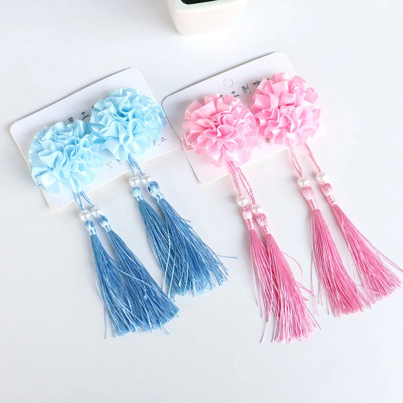 2PCS New Chinese Flower Tassel Hairpins Children Sweet Headwear Girls Cute Clips Barrettes Hairgrips Hair Accessories