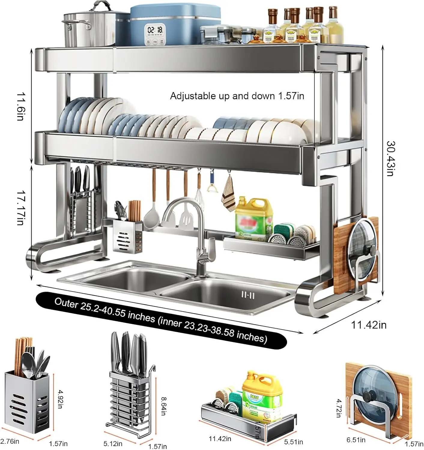 Over Sink Dish Drying Rack 3 Tier Dish Drying Rack Full 304 Stainless Steel Large Storage Kitchen Dish Rack Expandable Drainer S