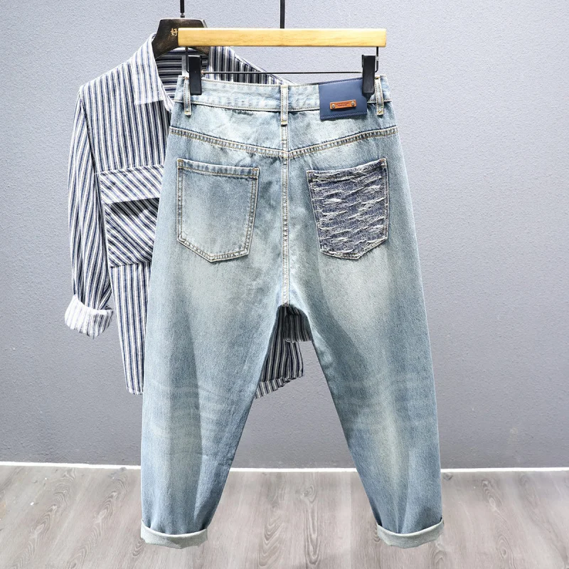 

Blue Trendy Men's Jeans Micro Harem Loose Spring Casual Personality Jacquard Pocket Fashion Pants