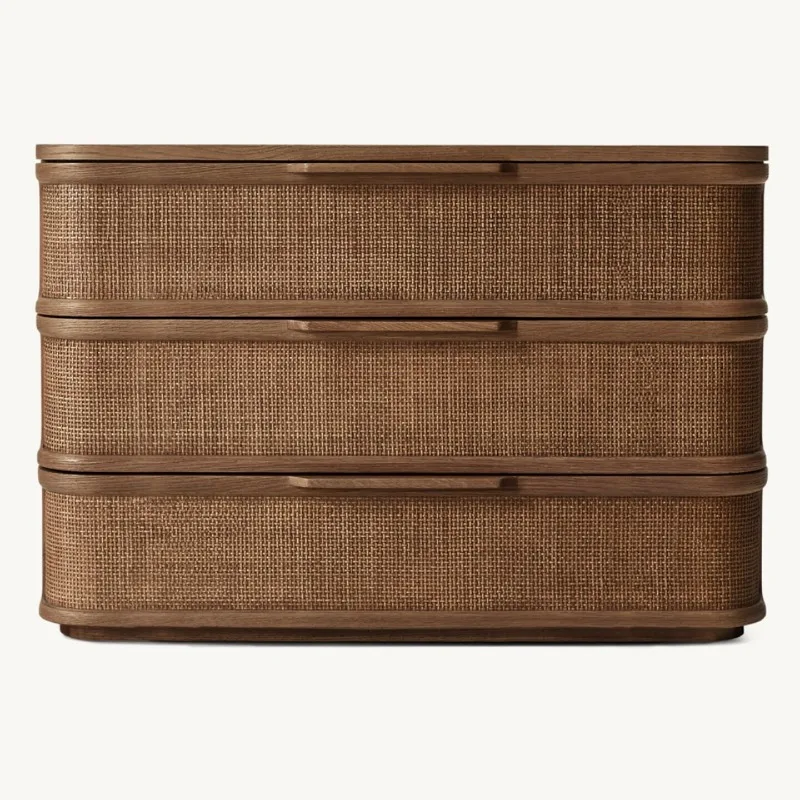 Oak solid wood rattan bedside table, French three-bucket cabinet, single-draw bedroom bedside storage bedside table