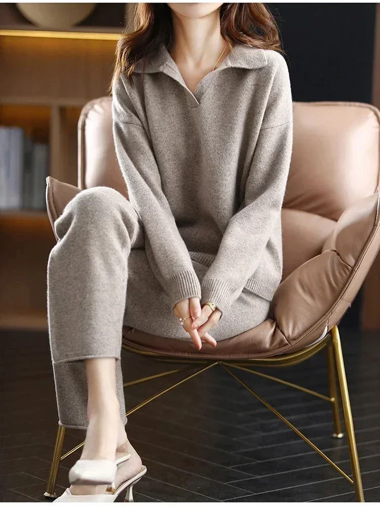 2 Pieces Set Women Oversize Tracksuit Polo Collar Sweater&Straight Pants Female Knitted Pullover Set Elegant Sweater Suit Women