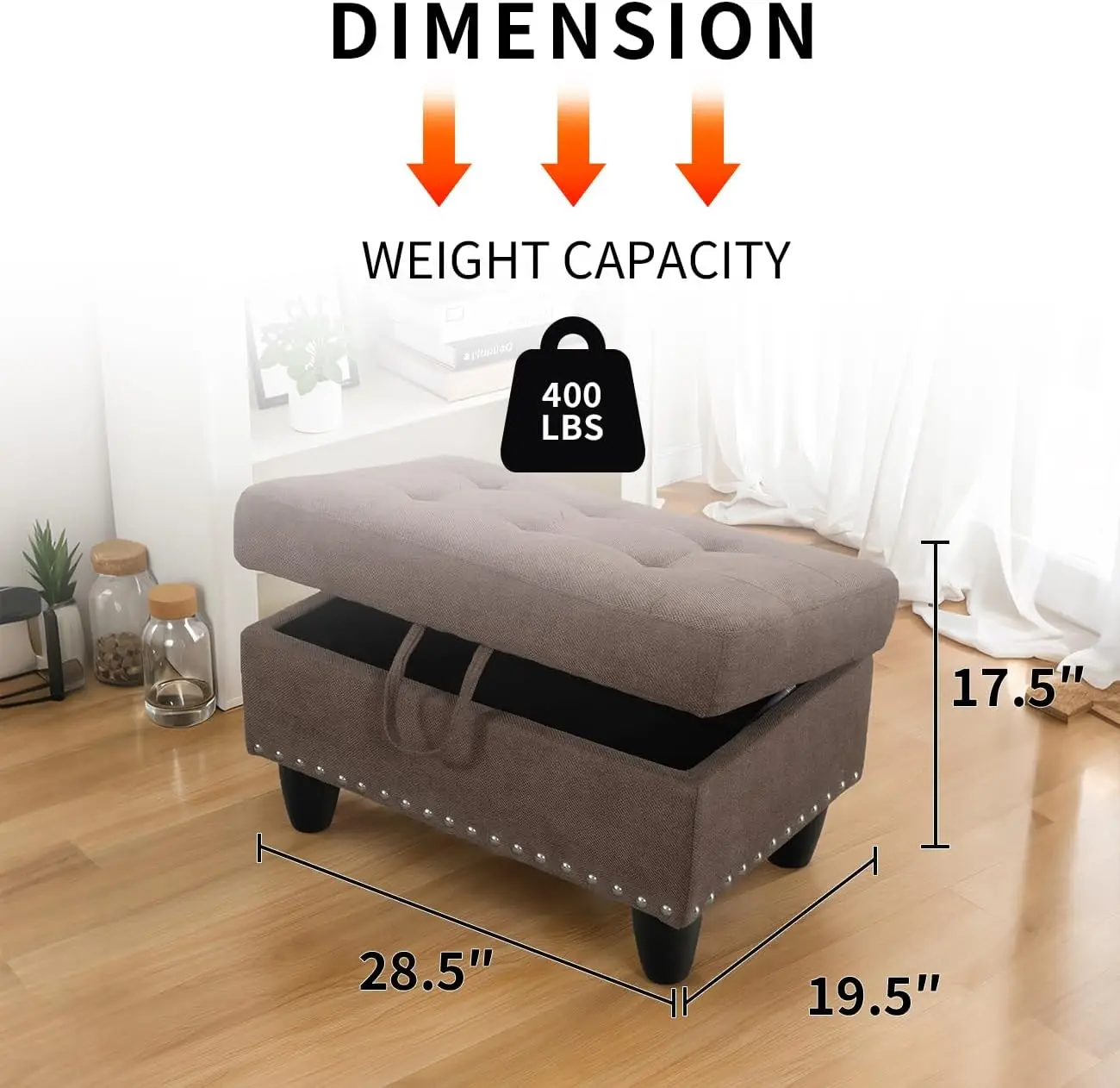 28.5 Inch Large Square Storage Ottoman with Thick Cushion, Retro Rivet Footstool Bench and Coffee Table, Brown Flannel Upholstered Ottoman for Entryway, Living Room, Bedroom, RV, Home Decor