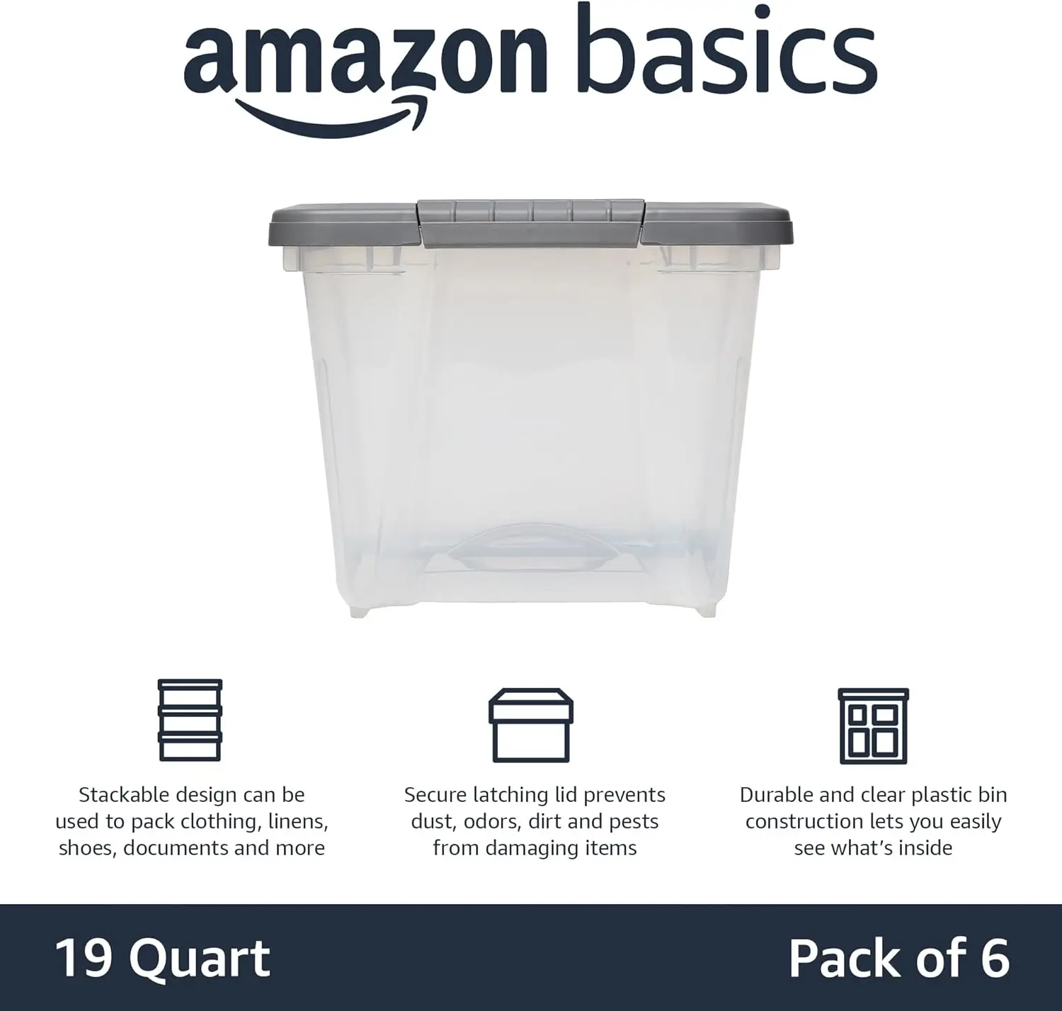 6-Pack Clear Plastic Storage Containers with Latching Lids, Stackable Organizer Bins, 19 Quart Capacity