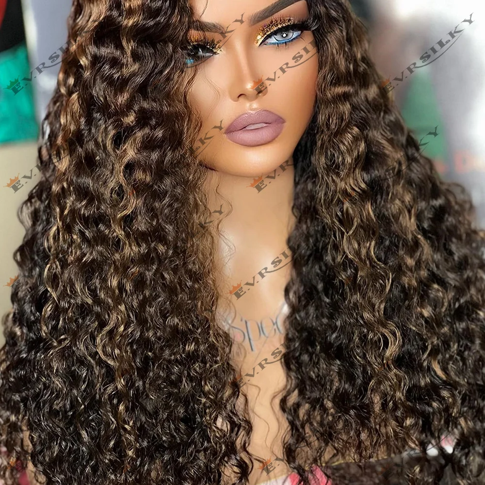 Highlights Golden Blonde V Part 100% Human Hair Wigs Deep Curly Middle /Side Remy Indian Hair Jerry Curl Cheap Full U Shape Wig image 5