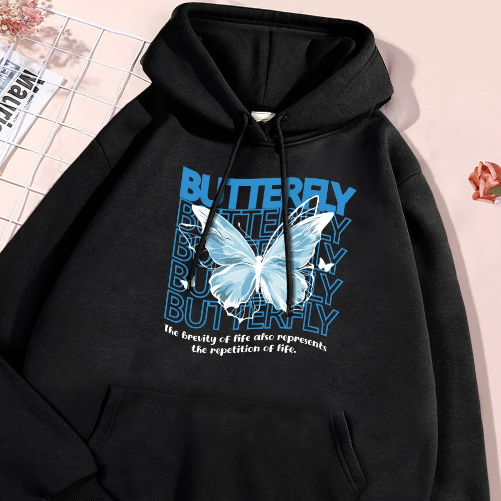 Blue Butterfly Print Hoodie Men Casual Loose Fleece Hoodies Streetwear Simple Pullover British Style Hoody Oversize Clothing