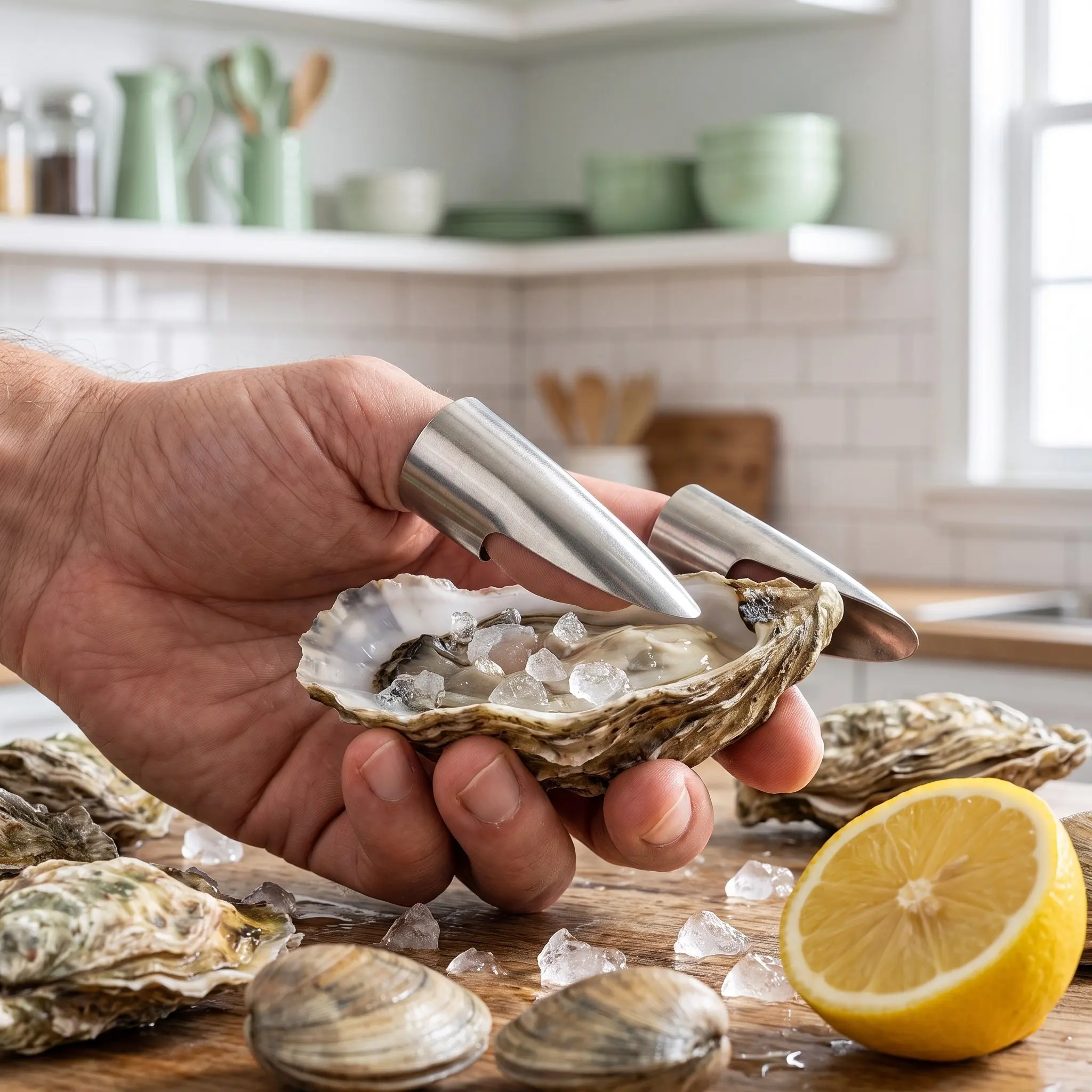 2Pcs Stainless Steel Finger Nail Guards Adjustable Seafood Shelling Tool Oyster Shucking Accessories Kitchen Shellfish Cutter