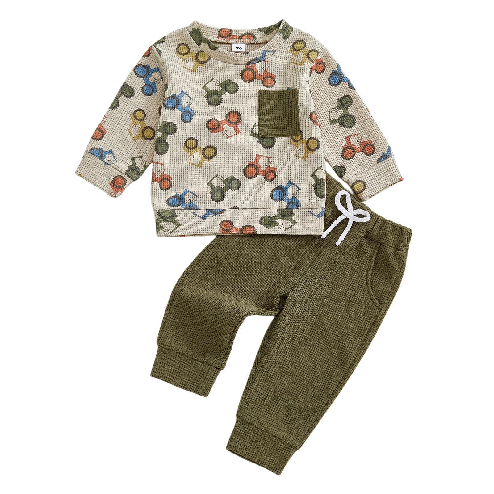 

Boy Fall Outfits Truck Print Long Sleeve Round Neck Pullover Drawstring Waist Long Pants 2 Pcs Set