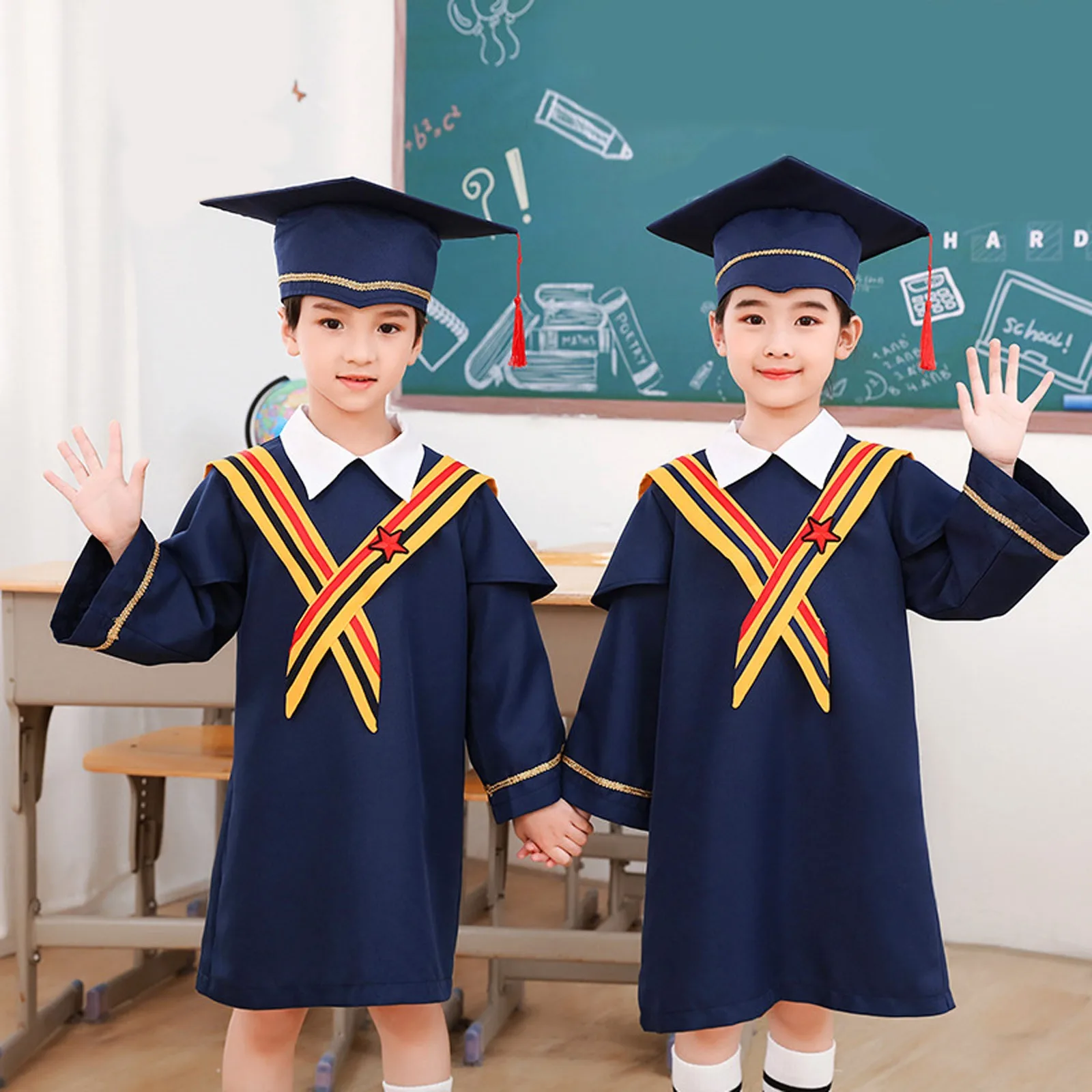 Vestido escolar para niños, uniforme escolar para niños, vestido de graduación para preescolar, conjunto de gorro con borla de chal para guardería