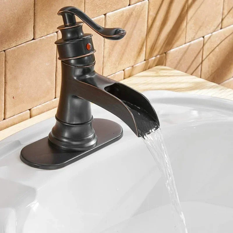 Solid Brass Waterfall Bathroom Faucet Single Handle Oil Rubbed Bronze Mixer Tap for Lavatory