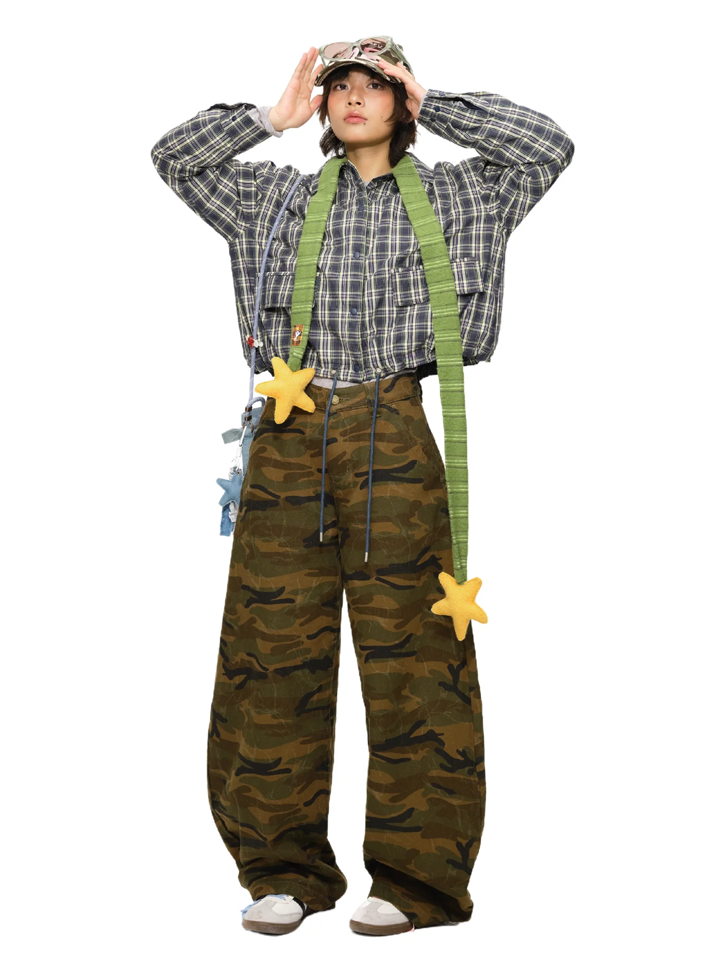 Oink Oink Camouflage Wide Leg Printed Denim Jeans Retro Style Loose Fit Natural Waist Cotton Fabric Autumn Season Youth Jeans