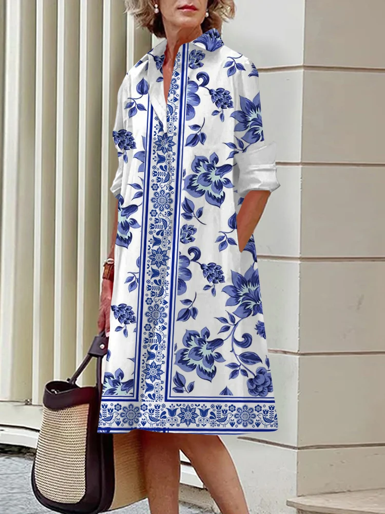 

New Spring And Autumn Long Sleeves Elegant Evening Dresses Shirt Long Dress Vintage Dresses Party Women's Celadon Printed Gown