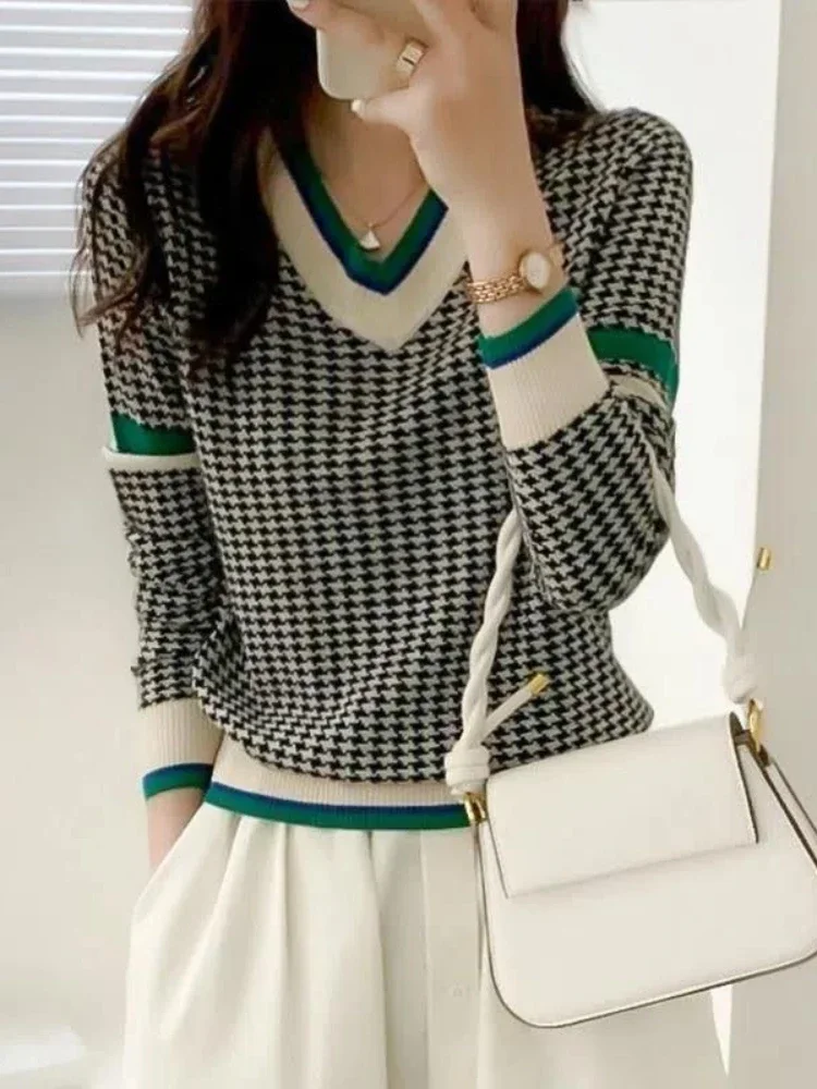 

Winter Ladies O-Neck Sweater Warm Pullover Commuter Elegant Top Casual Women's Tops Retro Contrast Color Knitting Jumper E262