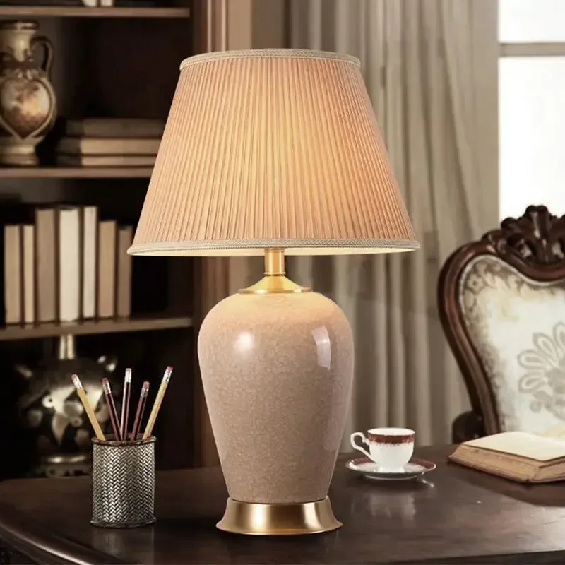 Classical Ice Crack Ceramic Bedroom Study Fabric Lampshade Bedside Counter Lamp Desk Lighting Home Decoration Table Lamp