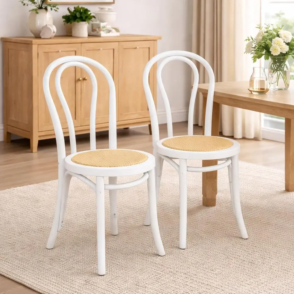

Vintage French Bistro Chairs Set of 2, Solid Bentwood with Backrest, White, Ideal for Weddings, Dining, Kitchen Rooms, Ready to