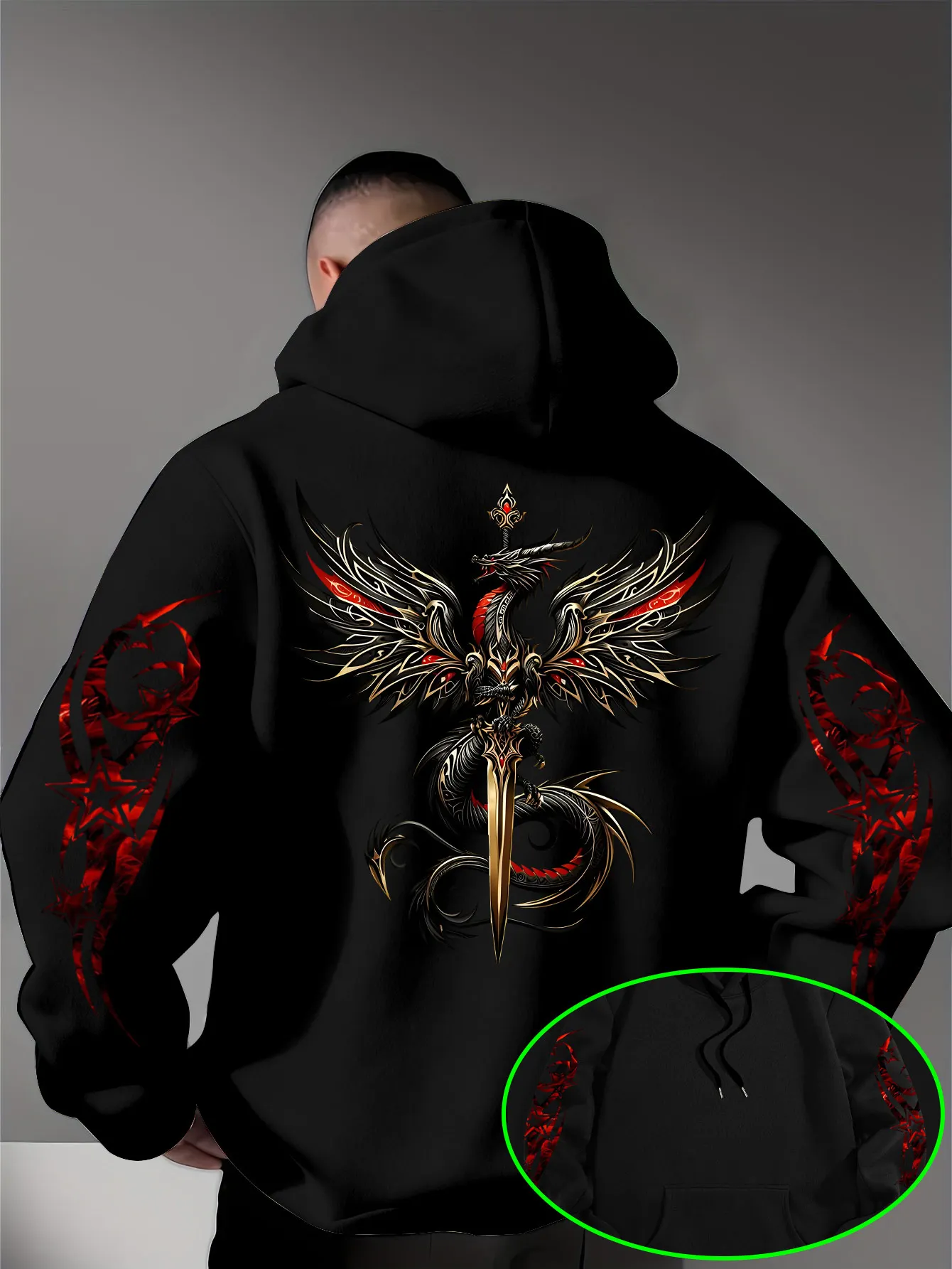 Men's Gothic Dragon Sword Hoodie Red Gold Dragon Graphic Black Streetwear Pullover Sweatshirt Hip Hop Sport Casual Top
