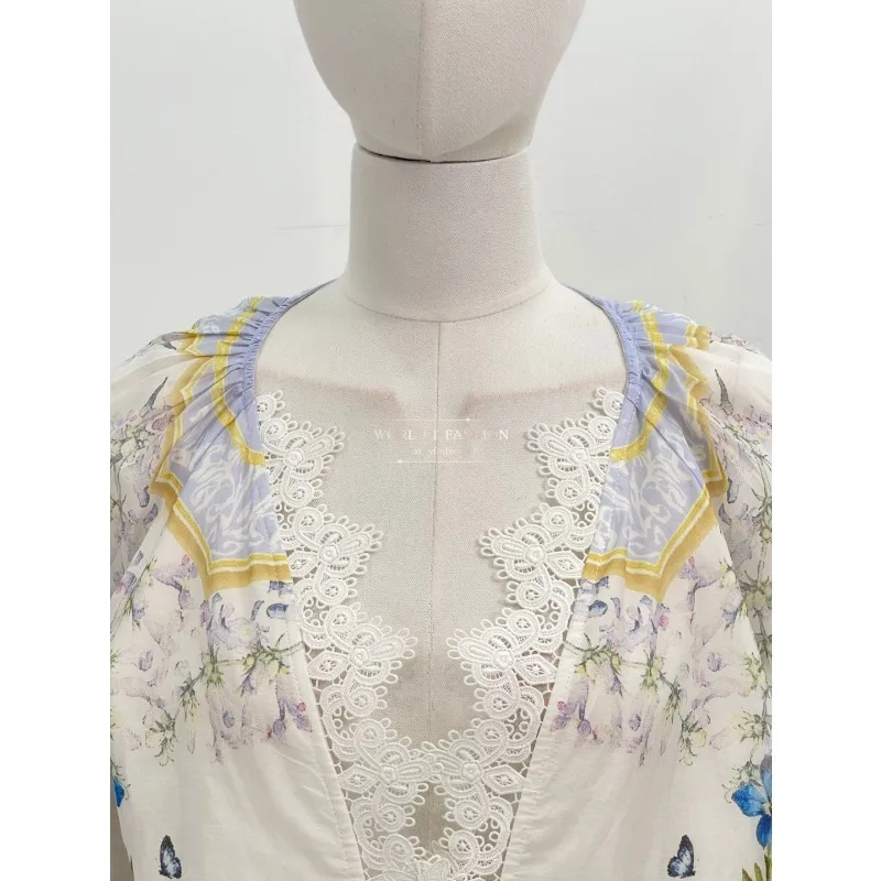 2025 Novo lindo lindo mini vestido branco com estampa floral de borboleta e manga comprida