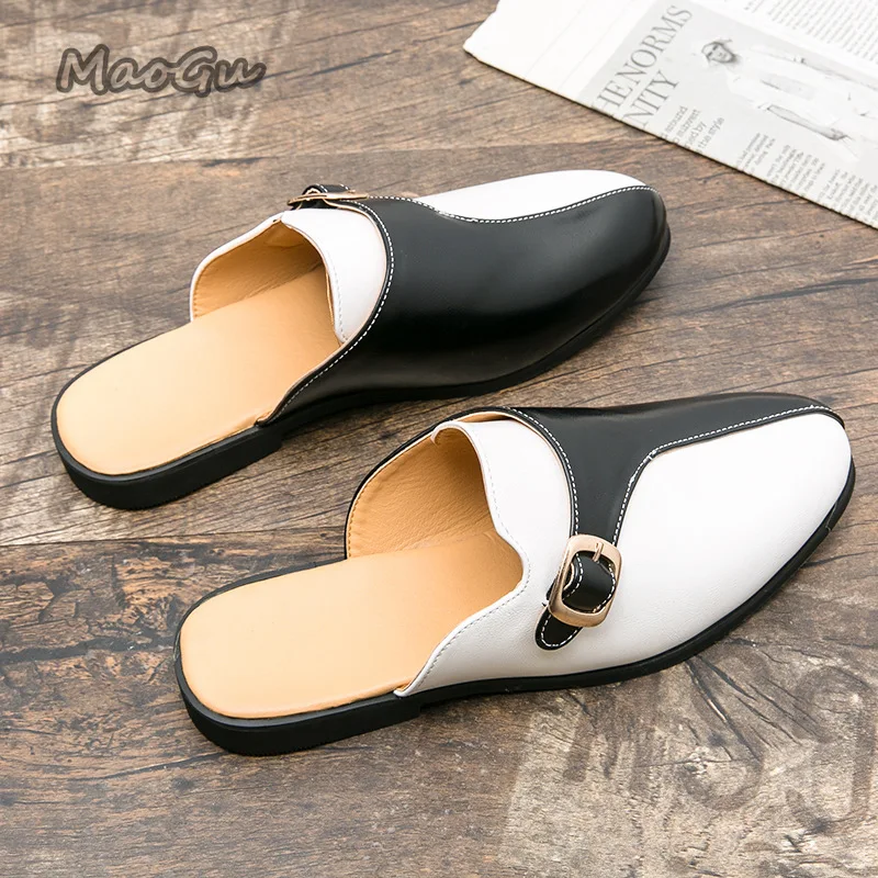 Design Size38-47 Slippers for Man Leather Mules Slip on Backless Loafers Men's Casual Flat Slipper Comfortable Zapatos De Hombre