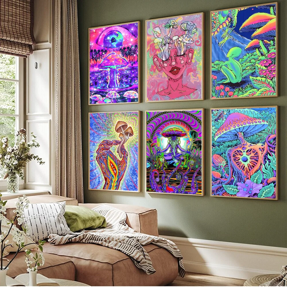 80S Trippy Skeleton Neon Psychedelic Mushroom Anime Posters Sticky Waterproof Paper Sticker Coffee House Bar Kawaii Room Decor